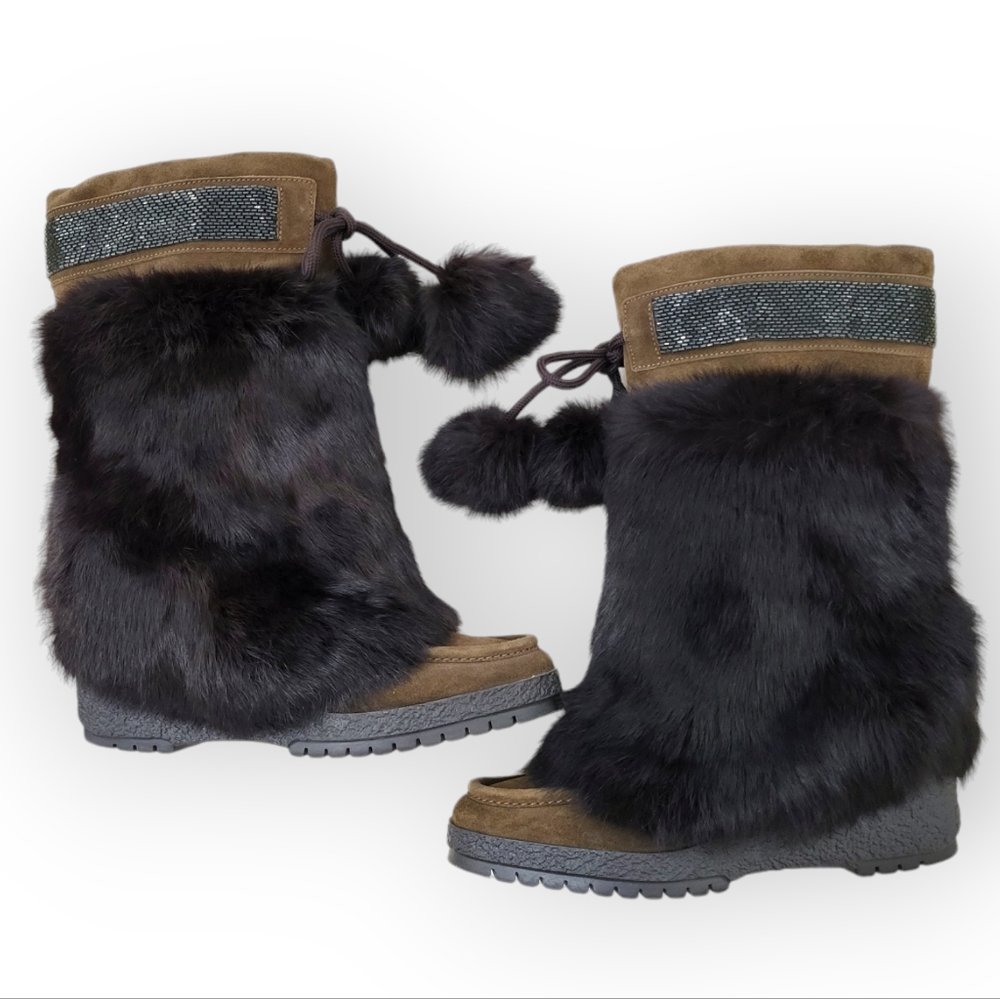COACH Maryann Rabbit Fur Suede Boots Brown Beaded Trim Pom Pom Ties 8
